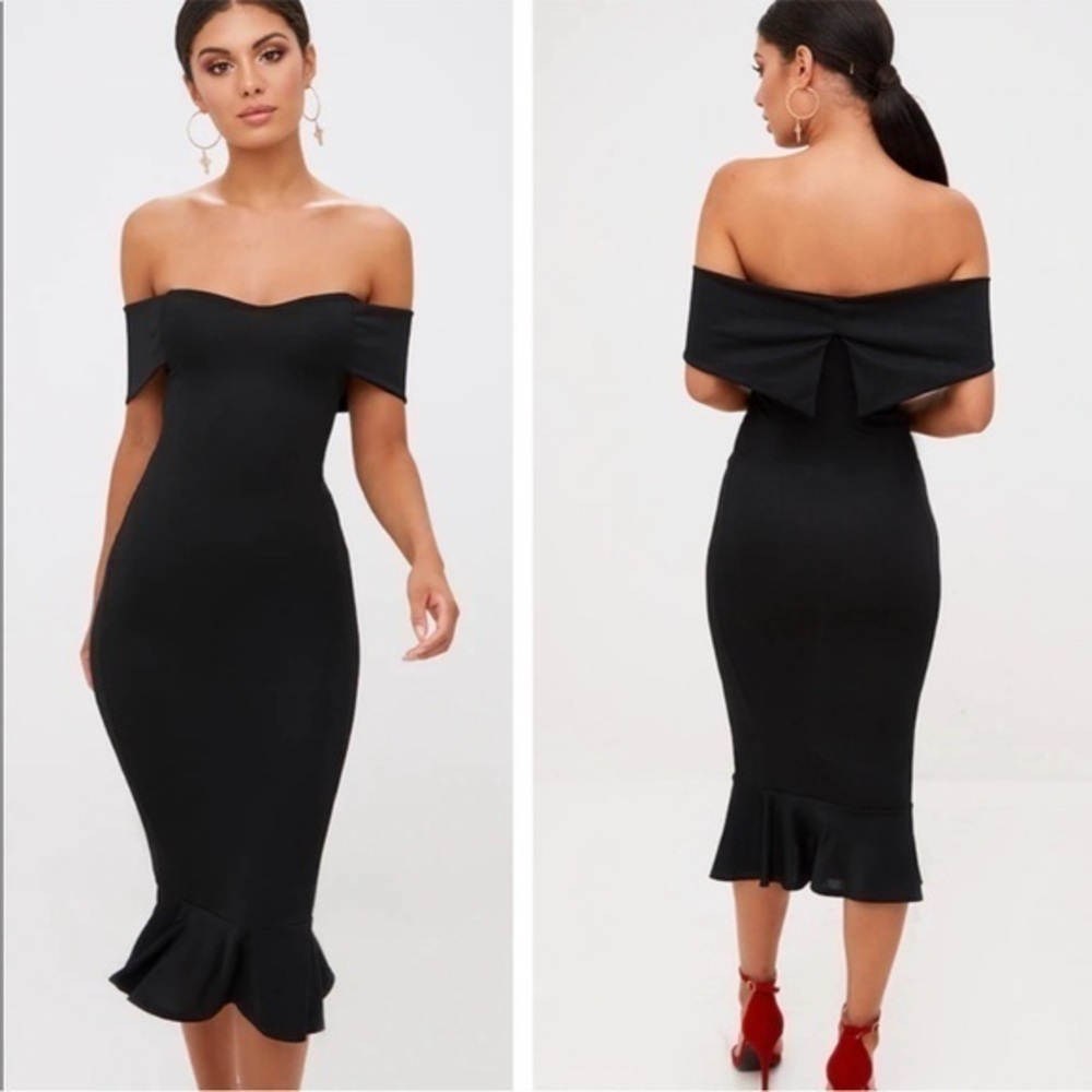 Black off the shoulder midi ruffle Dress by PrettyLittleThing